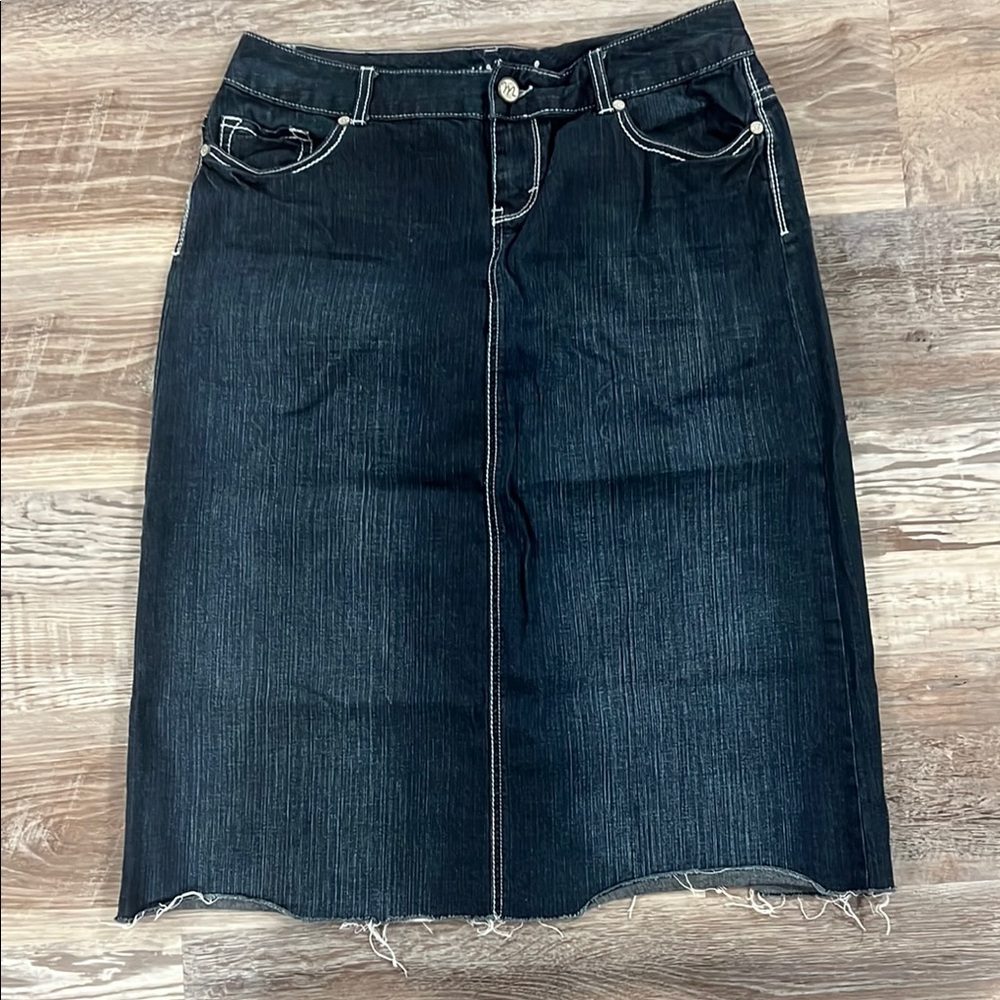 Dark Denim Skirt with Frayed Hem